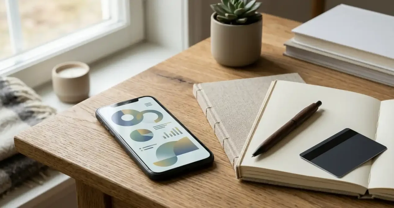 Mobiltelefon vid bankkort och enkel anteckningsbok på bord