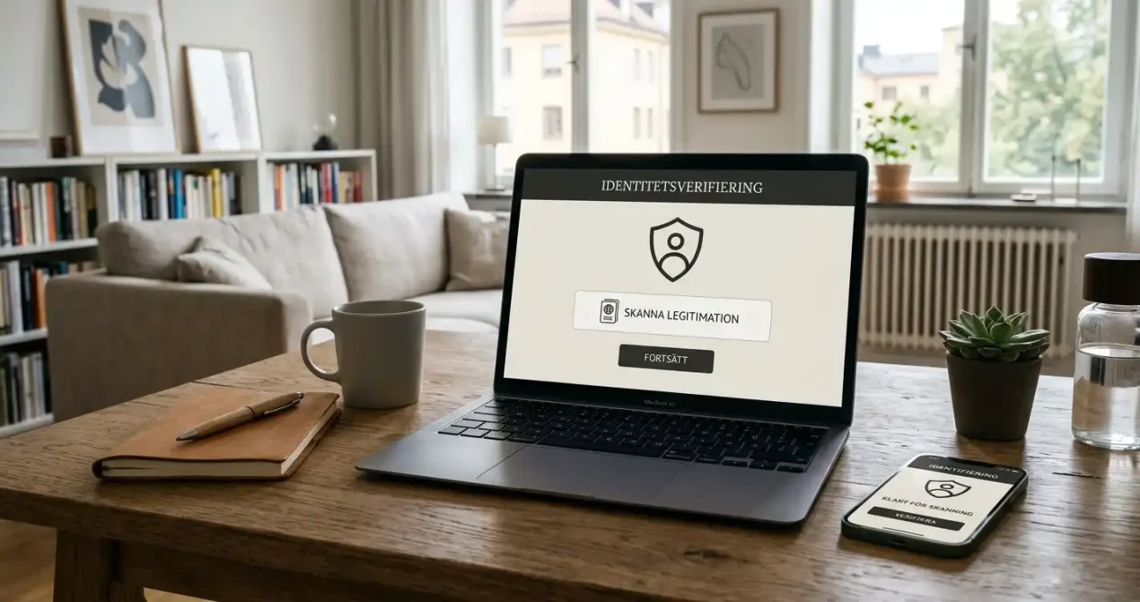Mobiltelefon och laptop med neutral identifieringssymbol på skrivbord