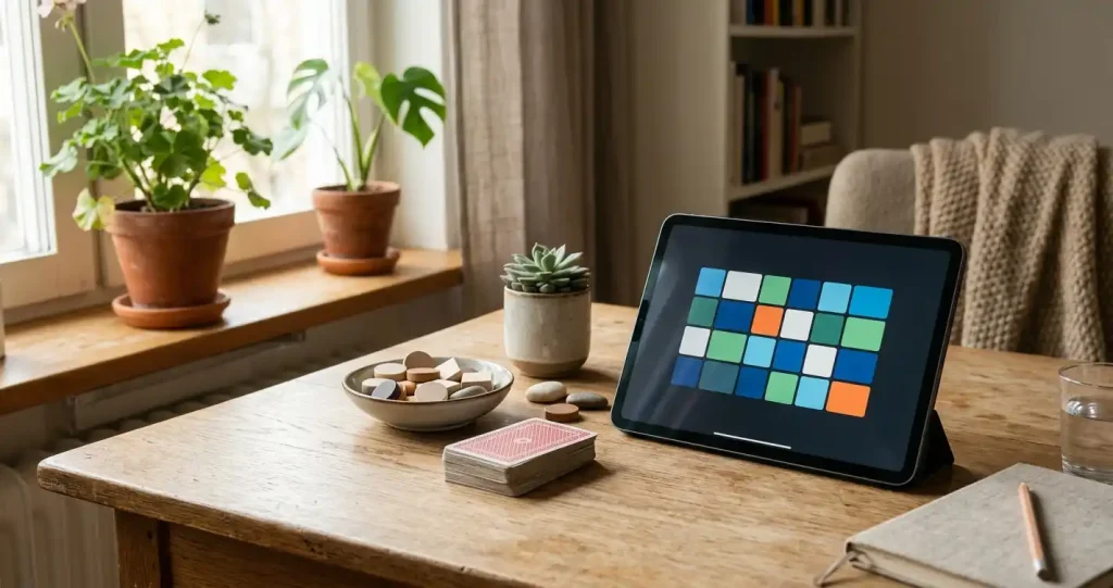 Surfplatta med neutrala spelsymboler på ett ljust bord