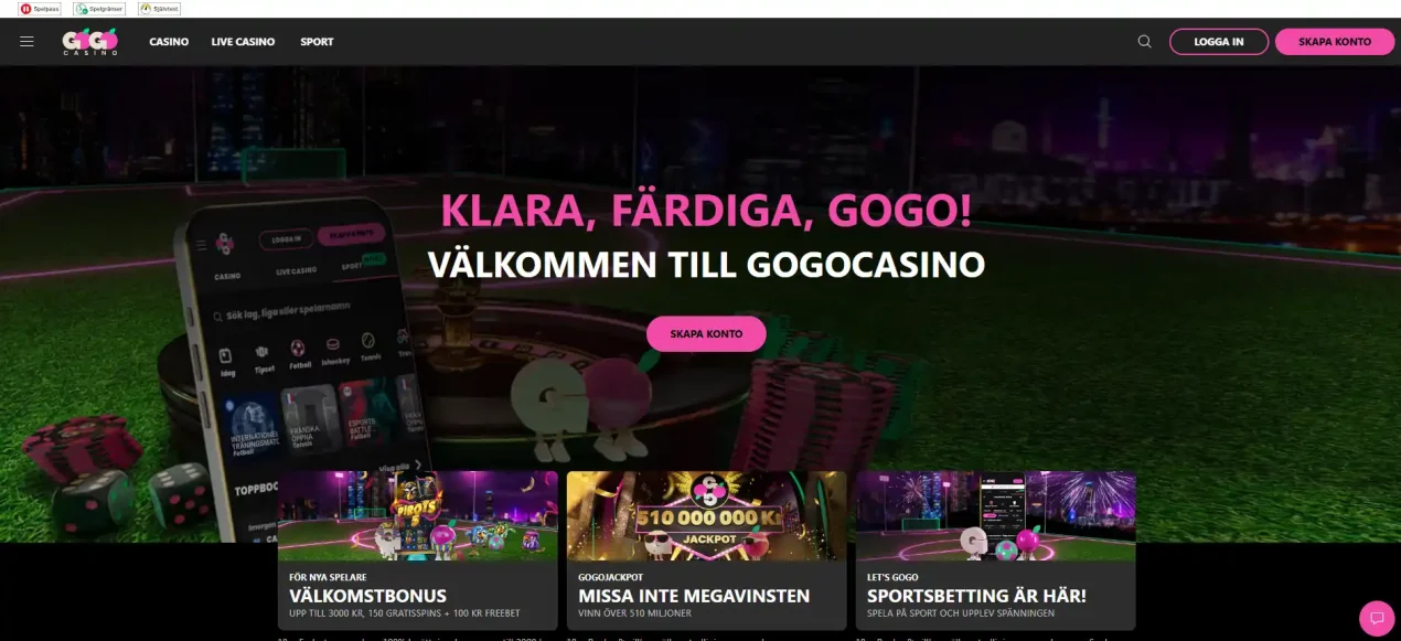 Skärmbild från GoGoCasinos svenska webbplats med sidhuvud och navigering