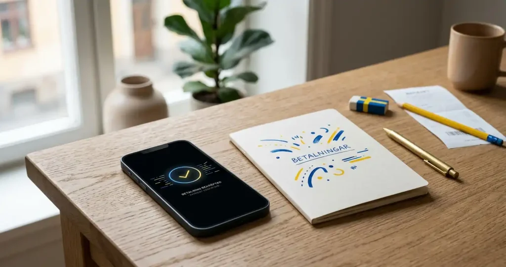 Smarttelefon och anteckningsbok med betalningsöversikt på ett skrivbord