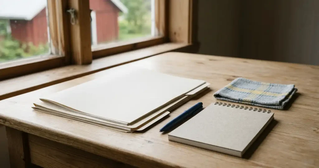 Kontorsbord med dokumentmapp, anteckningsbok och penna