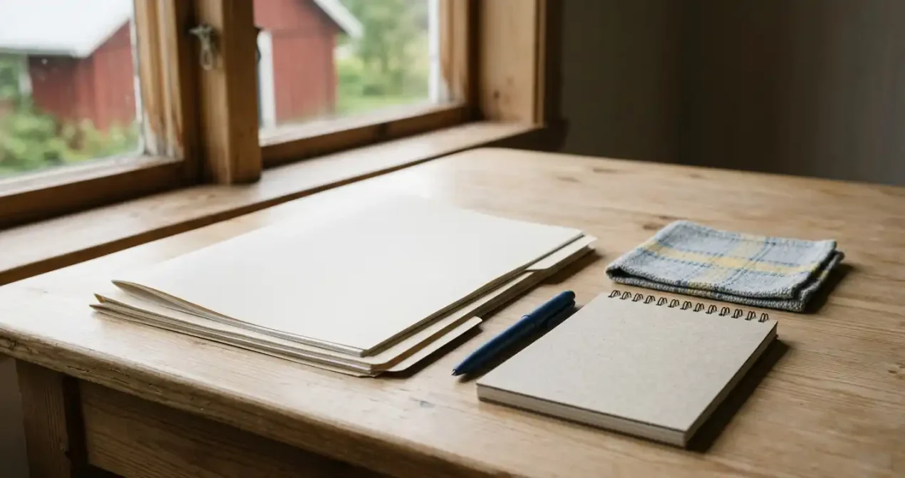 Kontorsbord med dokumentmapp, anteckningsbok och penna